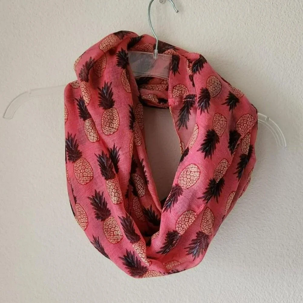 Vintage Y2K women pink & brown gauze scarf pineapples pattern cottage core boho